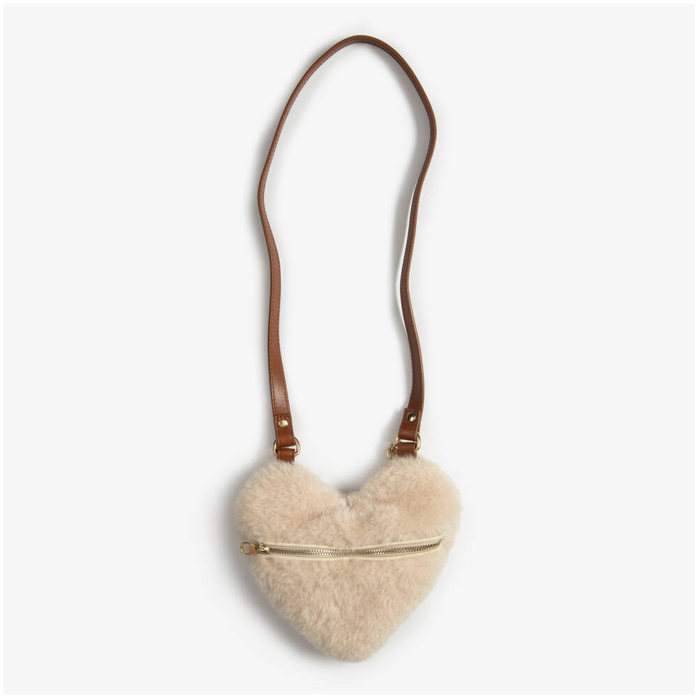 Chloé-Girls Beige Sherpa Heart Crossbody Bag (17cm) | Childrensalon