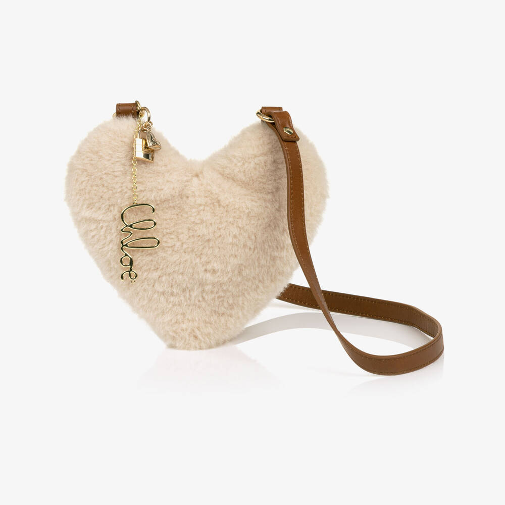 Chloé-Girls Beige Sherpa Heart Crossbody Bag (17cm) | Childrensalon