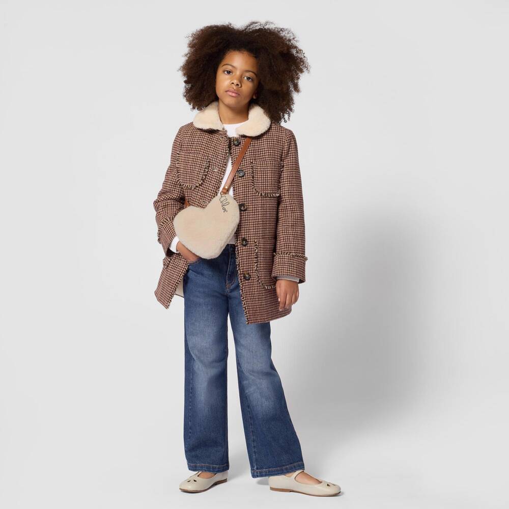Chloé-Girls Beige Sherpa Heart Crossbody Bag (17cm) | Childrensalon