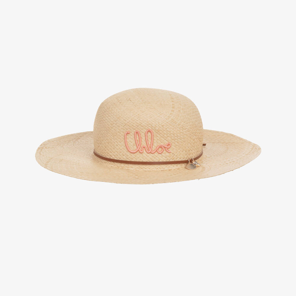 Chloé-Girls Beige Straw Hat with Embroidered Logo | Childrensalon
