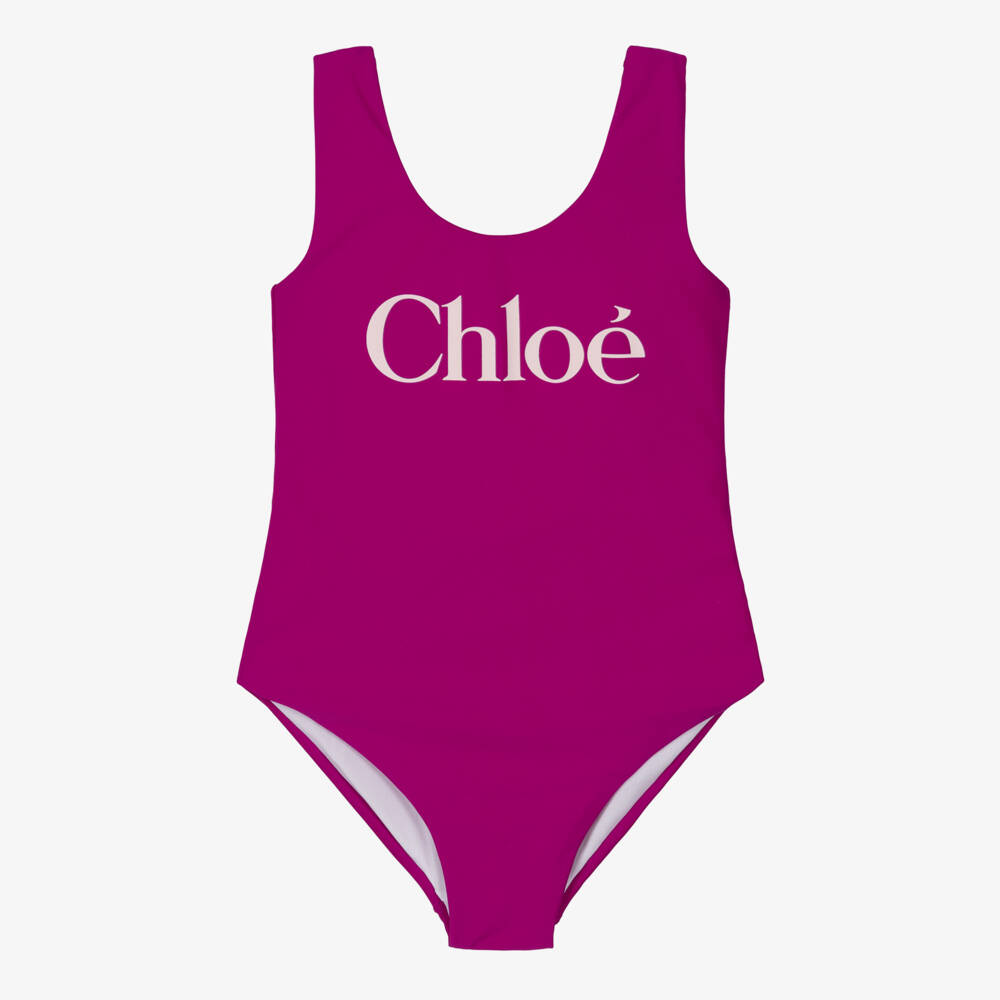 Chloé-Girls Berry Pink Logo Branded Swimsuit | Childrensalon