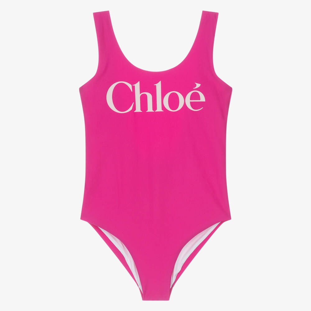 Chloé-Girls Berry Pink Logo Branded Swimsuit | Childrensalon