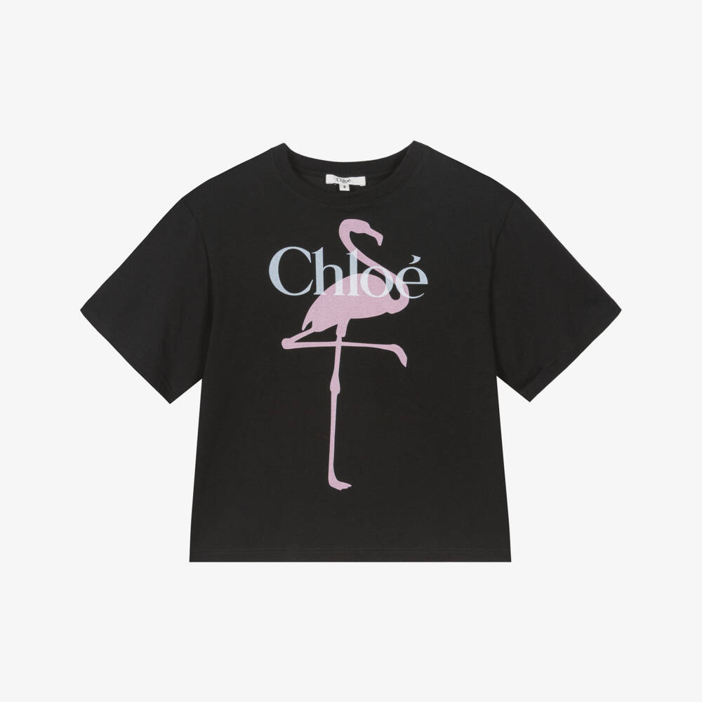 Chloé-Girls Black Cotton Flamingo T-Shirt | Childrensalon