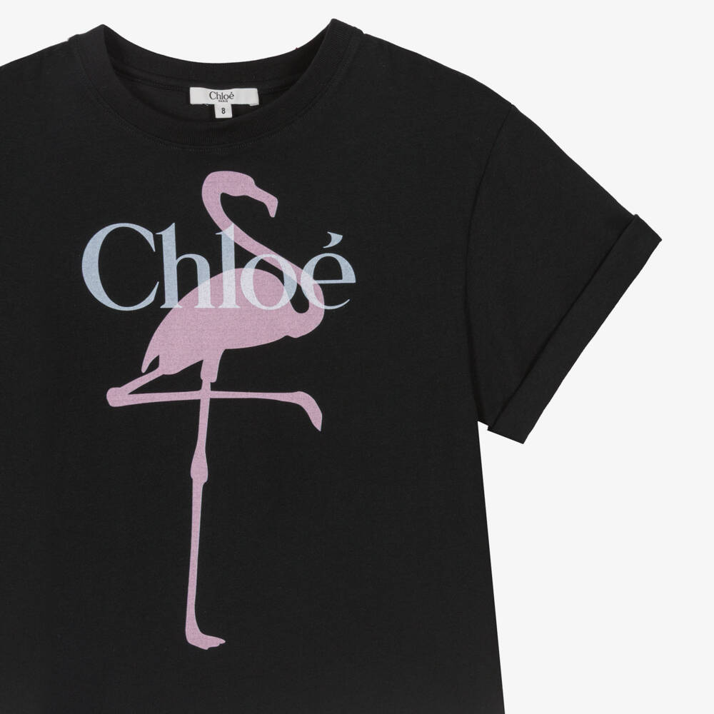 Chloé-Girls Black Cotton Flamingo T-Shirt | Childrensalon