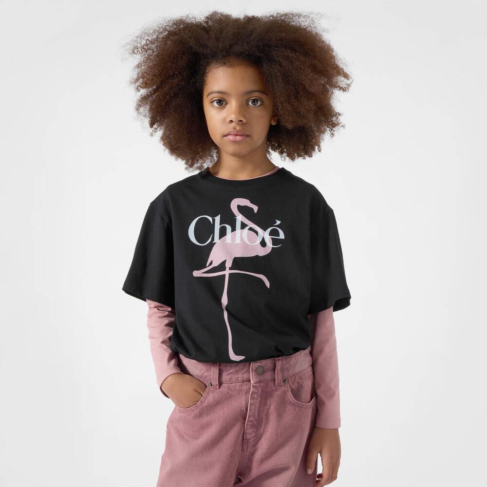 Chloé-Girls Black Cotton Flamingo T-Shirt | Childrensalon