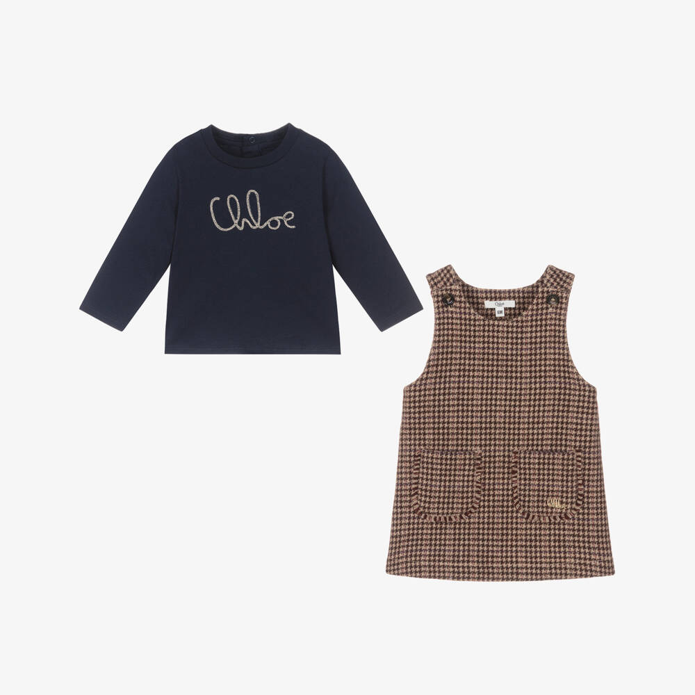 Chloé-Girls Blue & Brown Check Pinafore Dress Set | Childrensalon