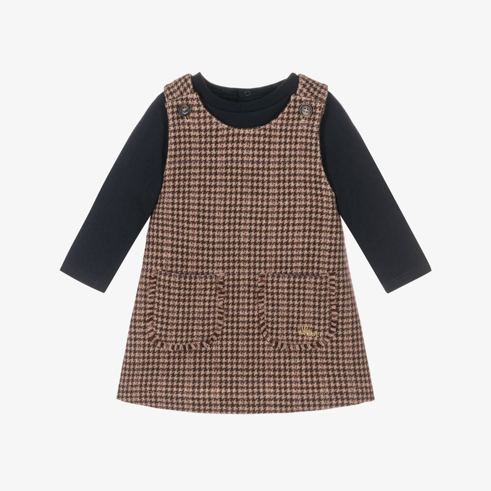 Chloé-Girls Blue & Brown Check Pinafore Dress Set | Childrensalon