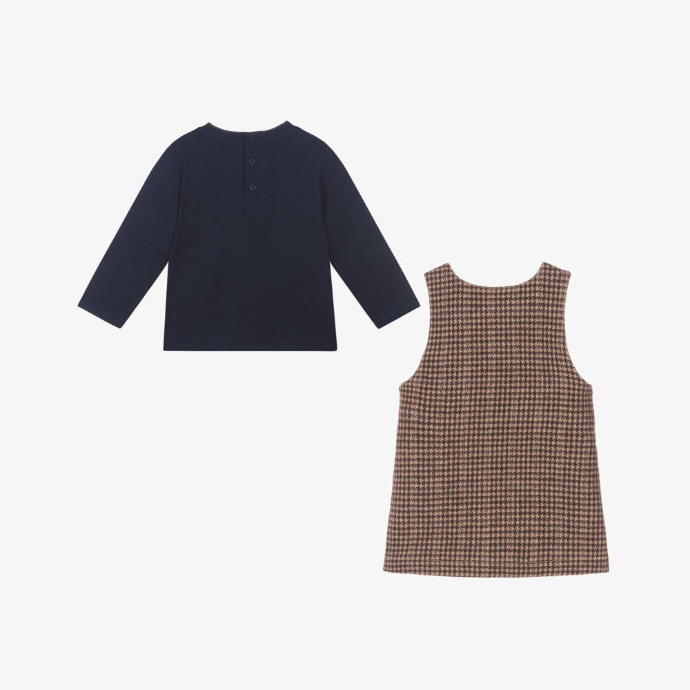 Chloé-Girls Blue & Brown Check Pinafore Dress Set | Childrensalon