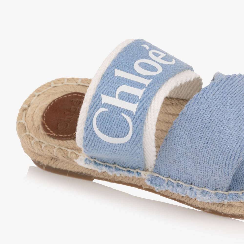 Chloé-Girls Blue Canvas Sliders with Logo Print | Childrensalon
