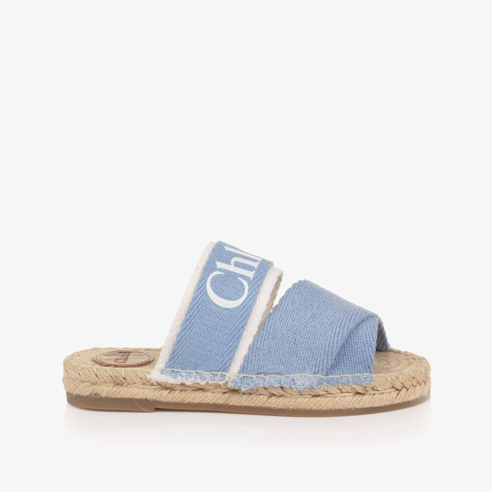 Chloé-Girls Blue Canvas Sliders with Logo Print | Childrensalon