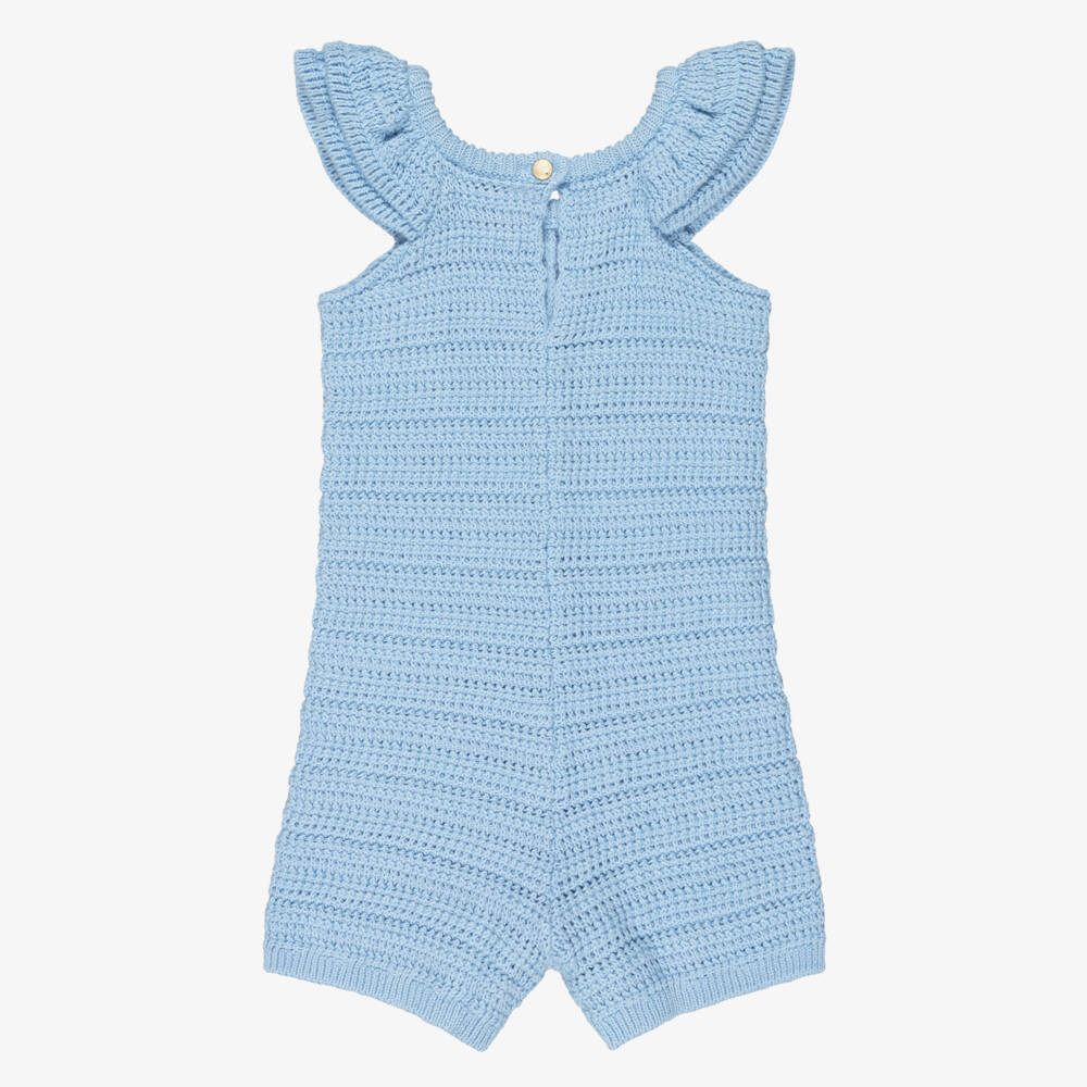 Chloé-Girls Blue Cotton Knit Playsuit with Embroidered Logo | Childrensalon