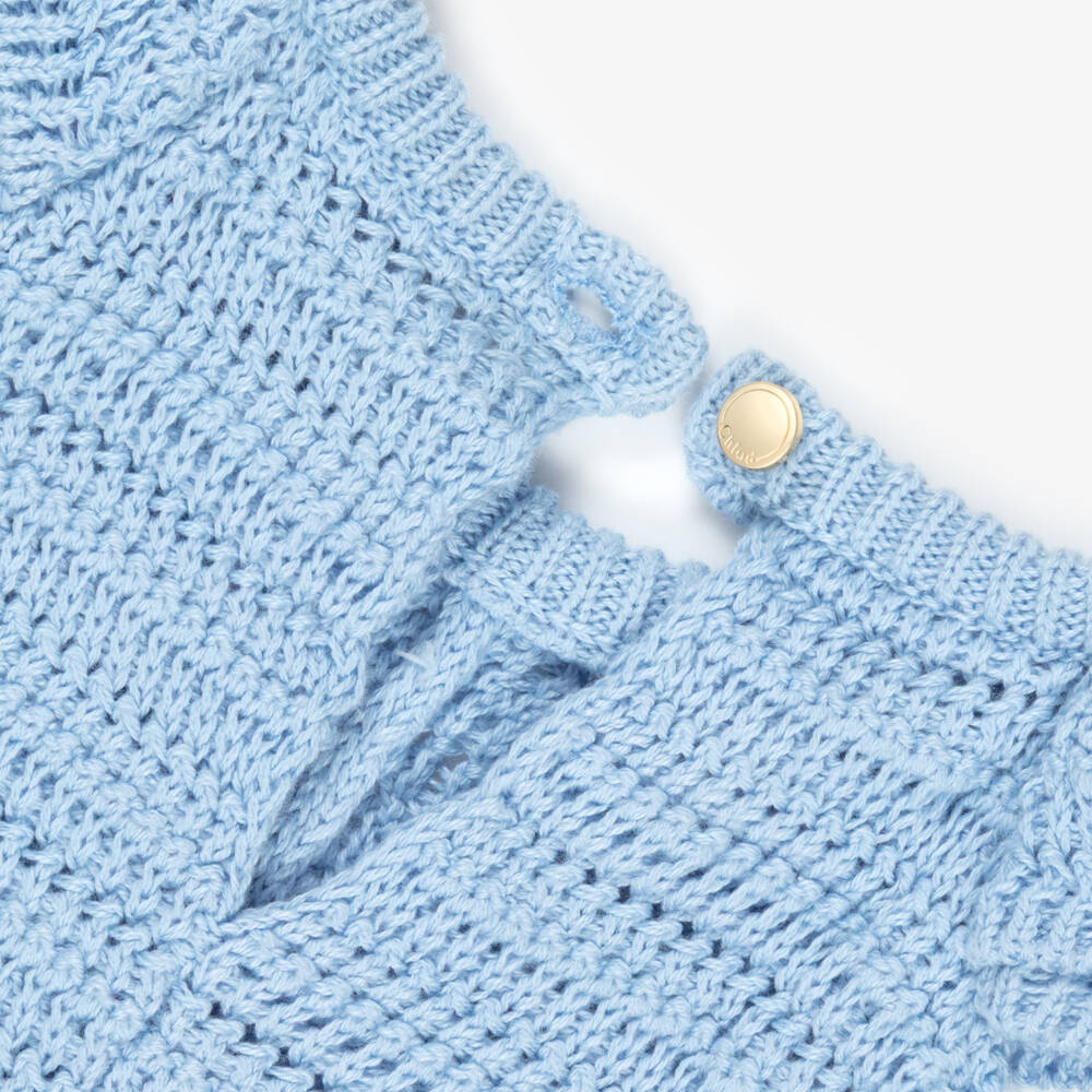 Chloé-Girls Blue Cotton Knit Playsuit with Embroidered Logo | Childrensalon