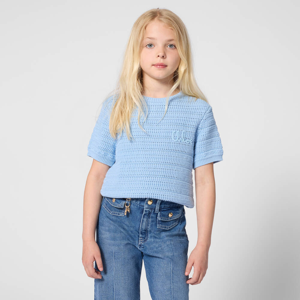 Chloé-Girls Blue Cotton Knit Sweater with Embroidered Logo | Childrensalon