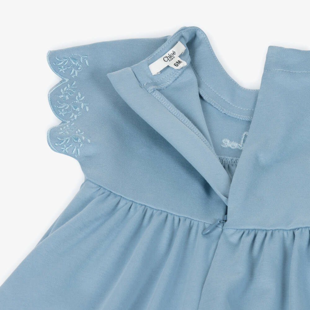 Chloé-Girls Blue Cotton Scalloped Dress with Floral Embroidery | Childrensalon