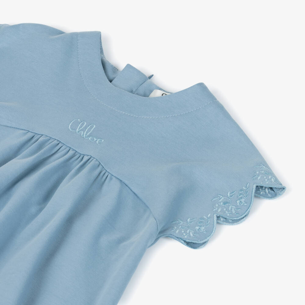 Chloé-Girls Blue Cotton Scalloped Dress with Floral Embroidery | Childrensalon