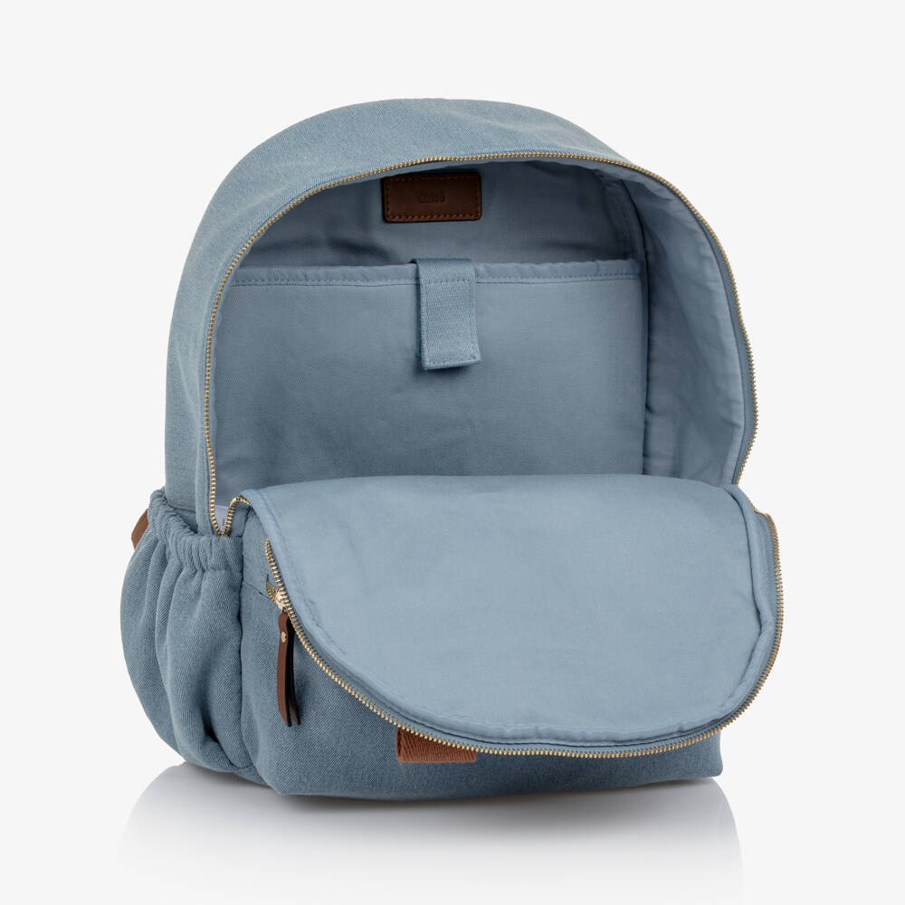 Chloé-Girls Blue Denim Backpack with Brown Trims (37cm) | Childrensalon