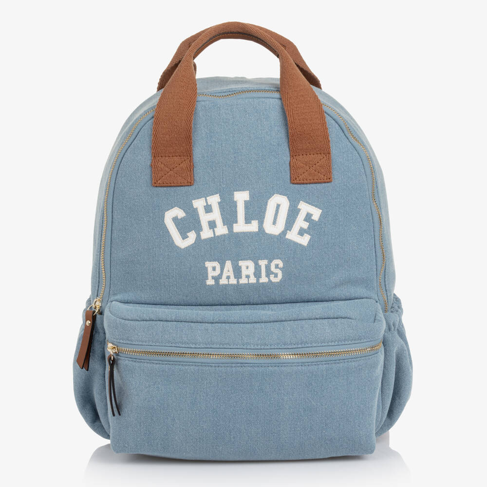 Chloé-Girls Blue Denim Backpack with Brown Trims (37cm) | Childrensalon