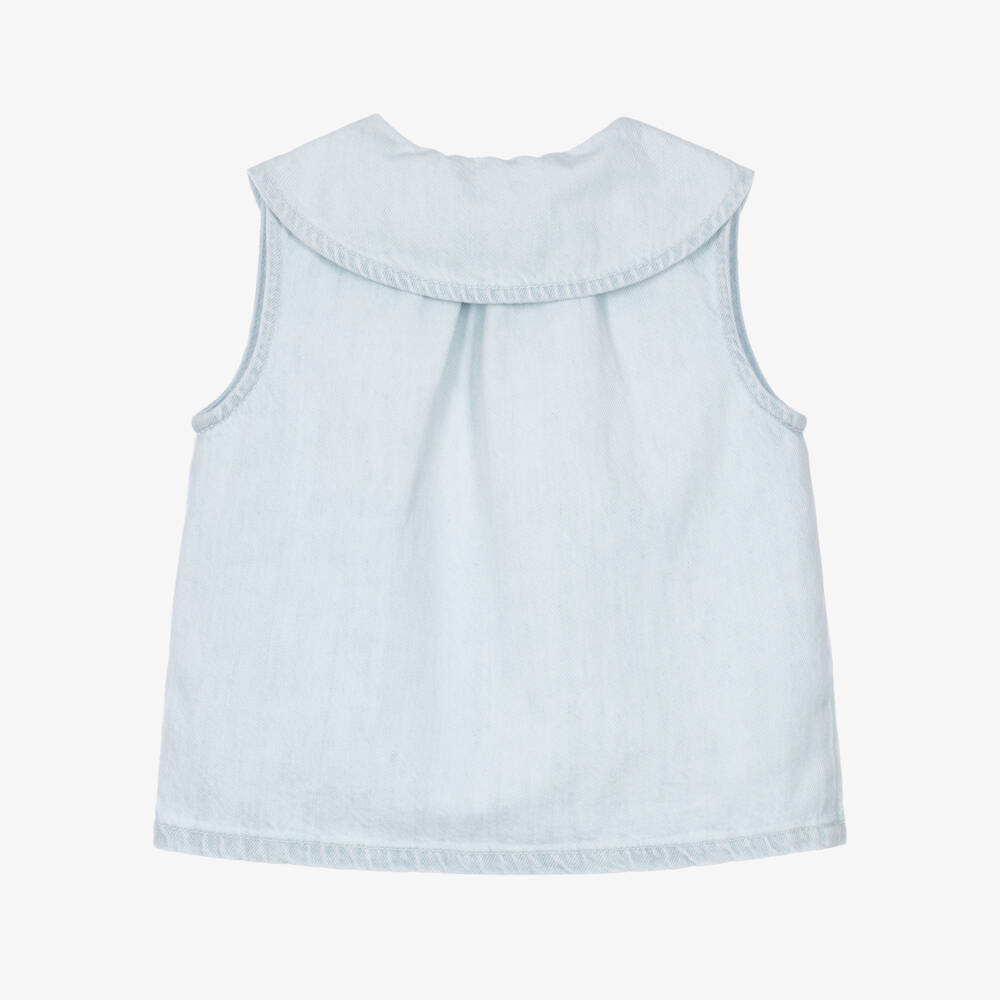 Chloé-Girls Blue Denim Blouse with Embroidered Collar | Childrensalon