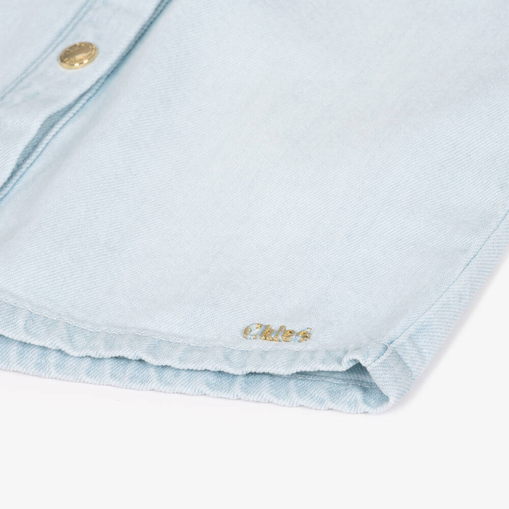 Chloé-Girls Blue Denim Blouse with Embroidered Collar | Childrensalon