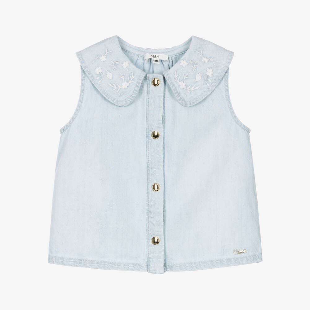 Chloé-Girls Blue Denim Blouse with Embroidered Collar | Childrensalon