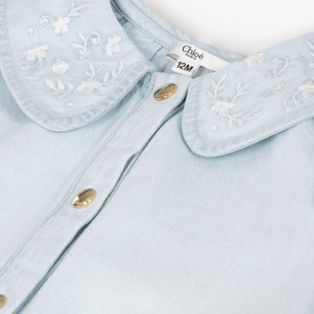 Chloé-Girls Blue Denim Blouse with Embroidered Collar | Childrensalon