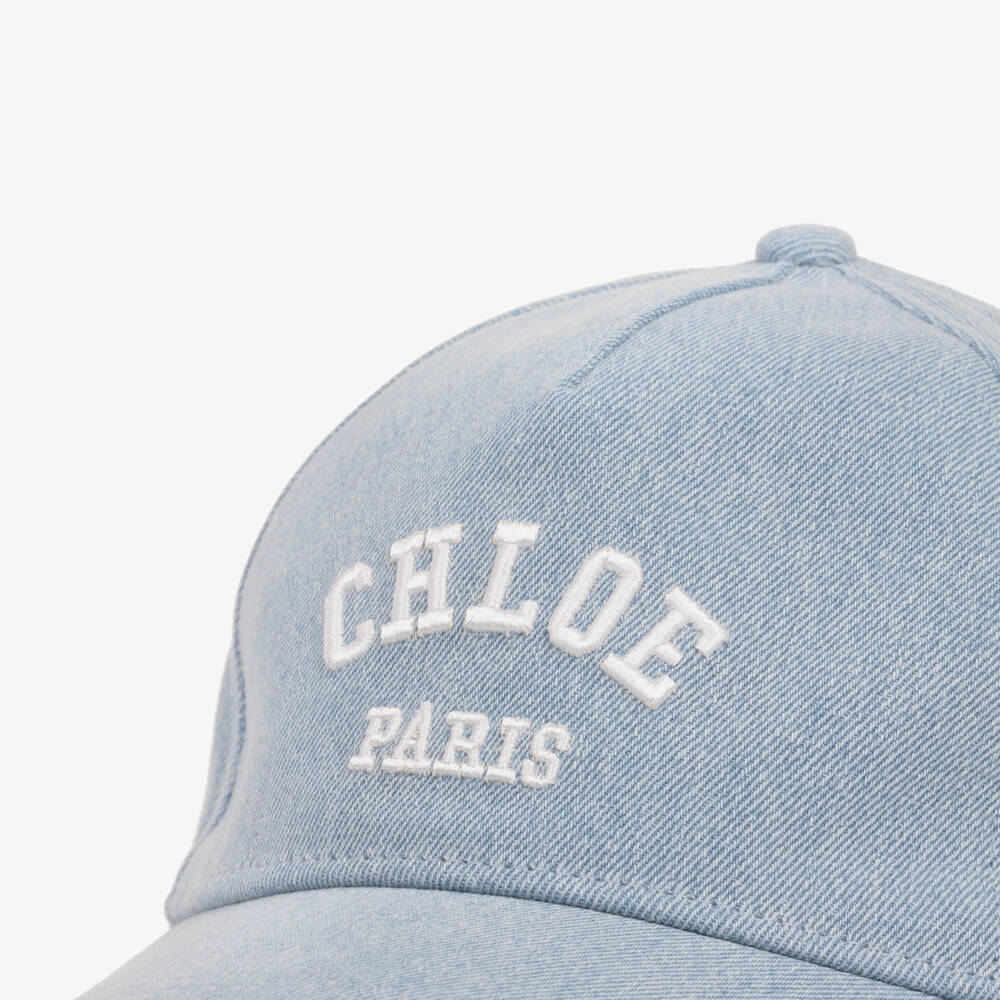 Chloé-Girls Blue Denim Cap with Embroidered Logo | Childrensalon