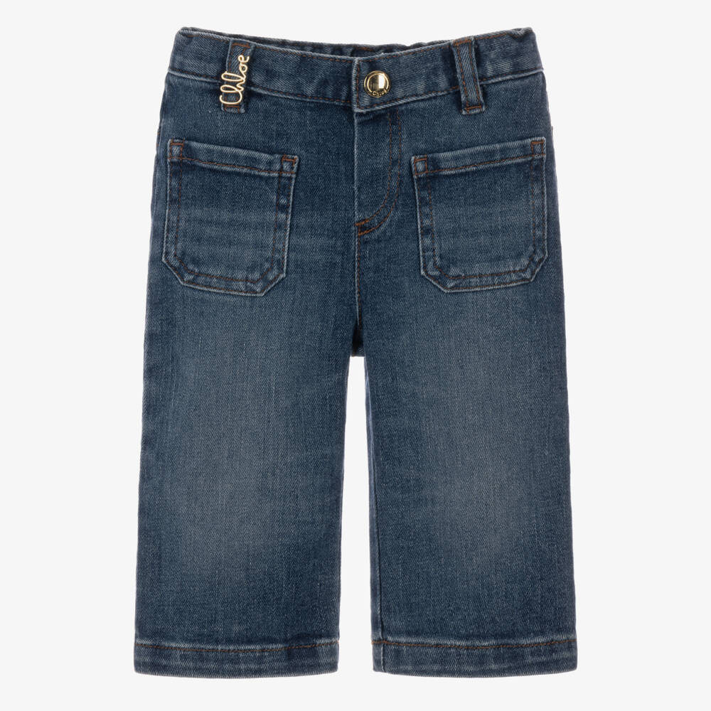 Chloé-Girls Blue Denim Jeans with Patch Pockets | Childrensalon