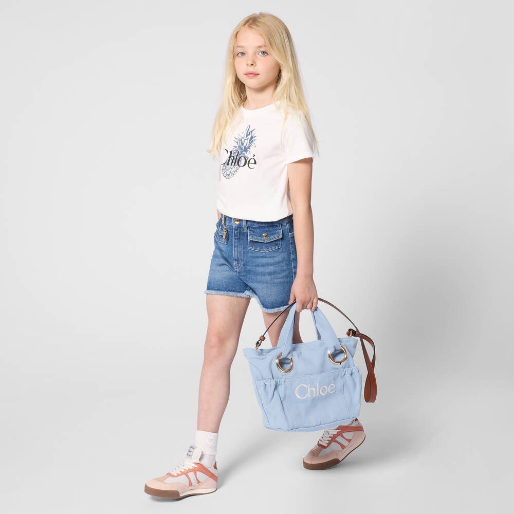 Chloé-Girls Blue Denim Shorts with Frayed Hems | Childrensalon