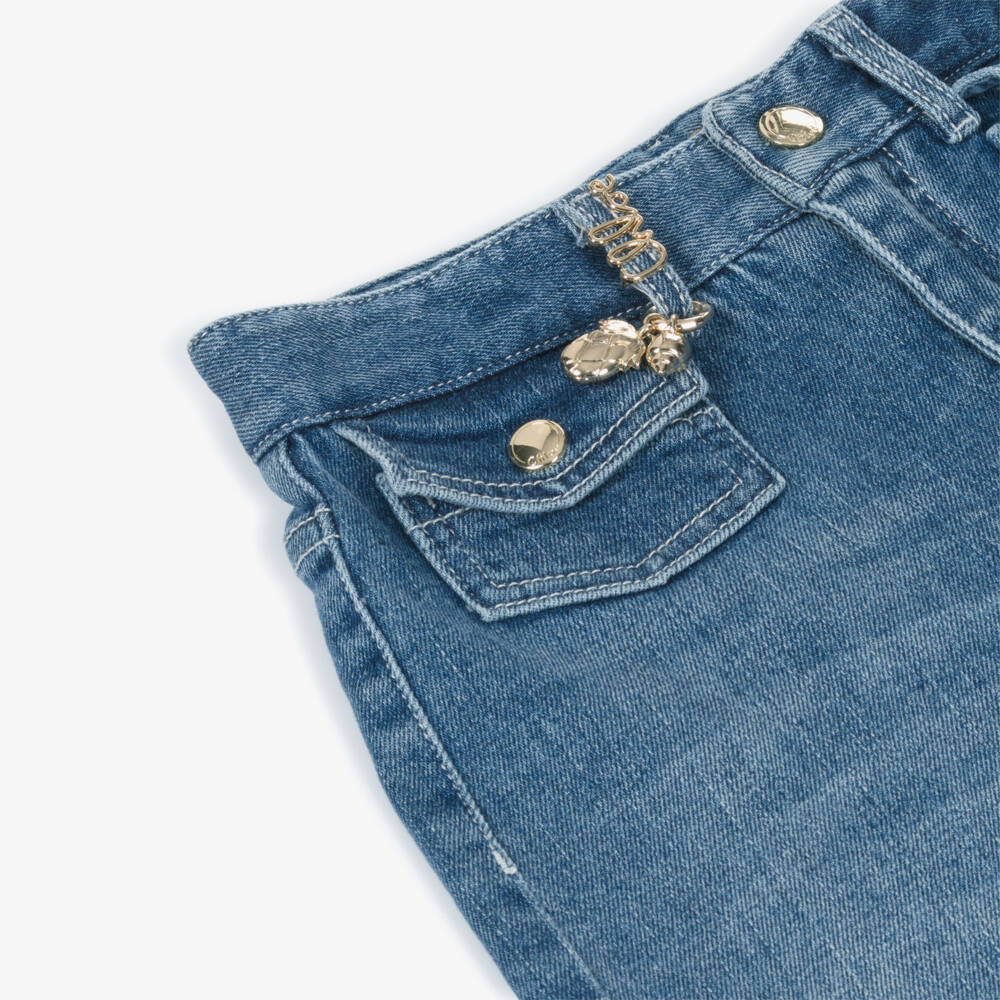Chloé-Girls Blue Denim Wide Leg Jeans with Frayed Hems | Childrensalon