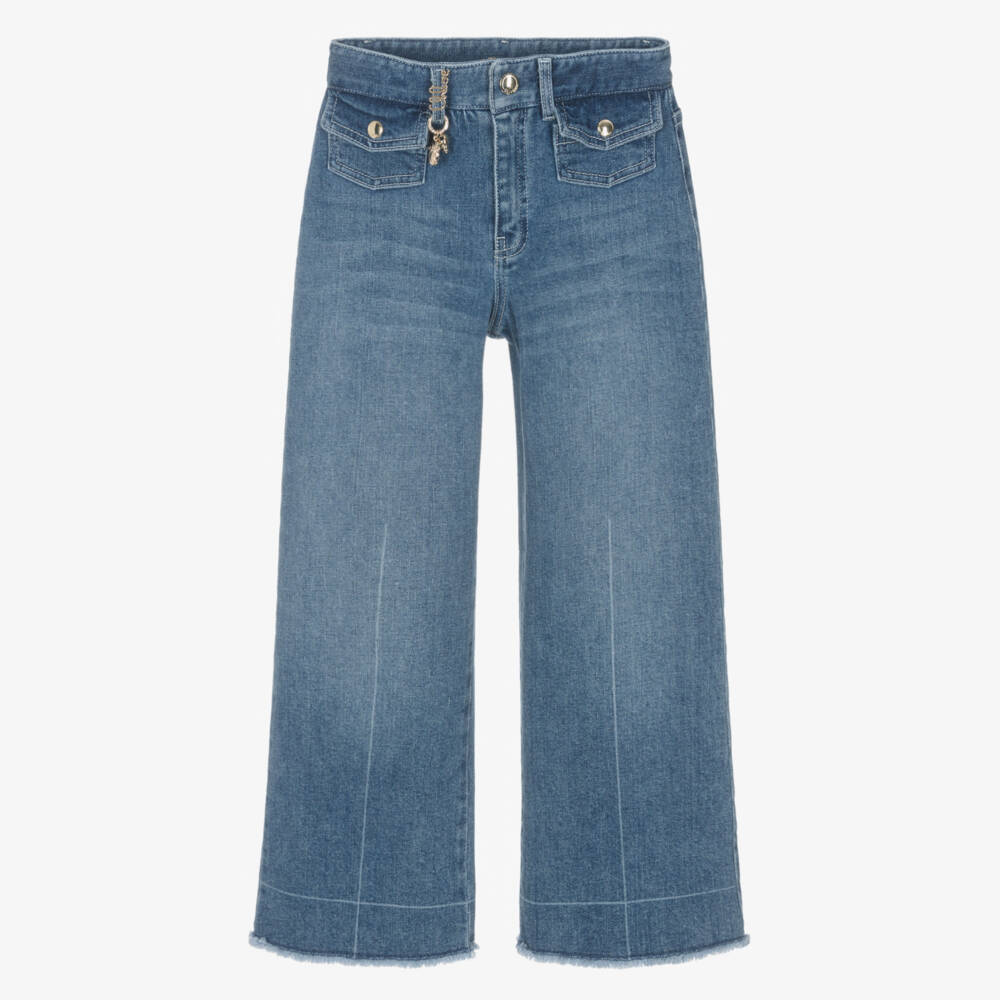 Chloé-Girls Blue Denim Wide Leg Jeans with Frayed Hems | Childrensalon