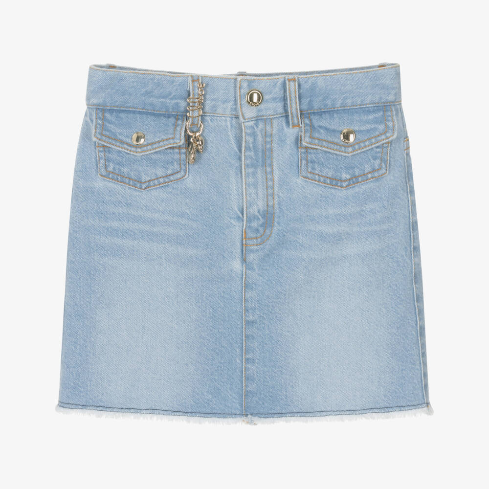 Chloé-Girls Blue Washed Denim Skirt with Frayed Hem | Childrensalon