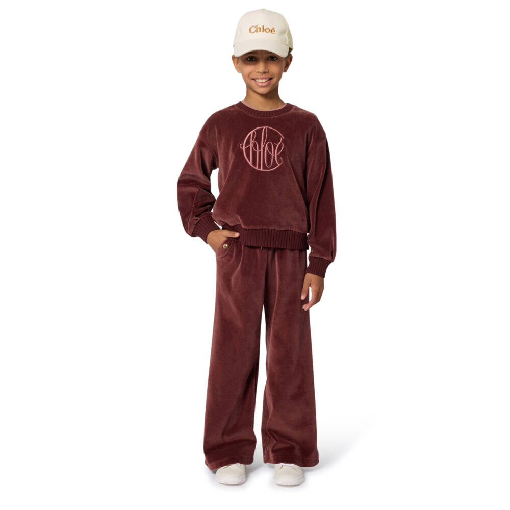 Chloé-Girls Bordeaux Pink Cotton Velour Sweatshirt with Circular Logo | Childrensalon