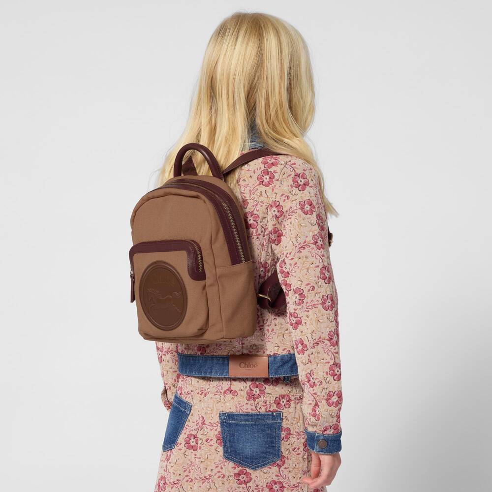 Chloé-Girls Brown & Burgundy Horse Medal Mini Backpack (26cm) | Childrensalon