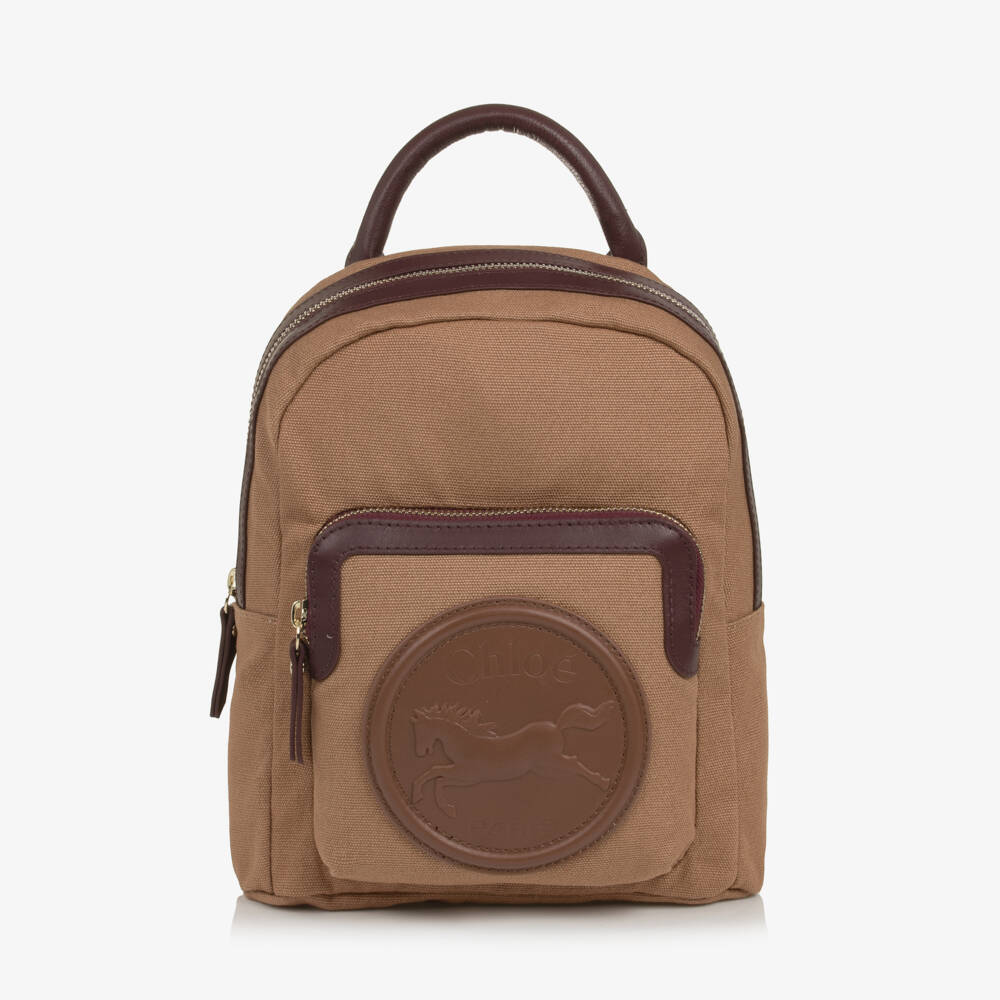 Chloé-Girls Brown & Burgundy Horse Medal Mini Backpack (26cm) | Childrensalon