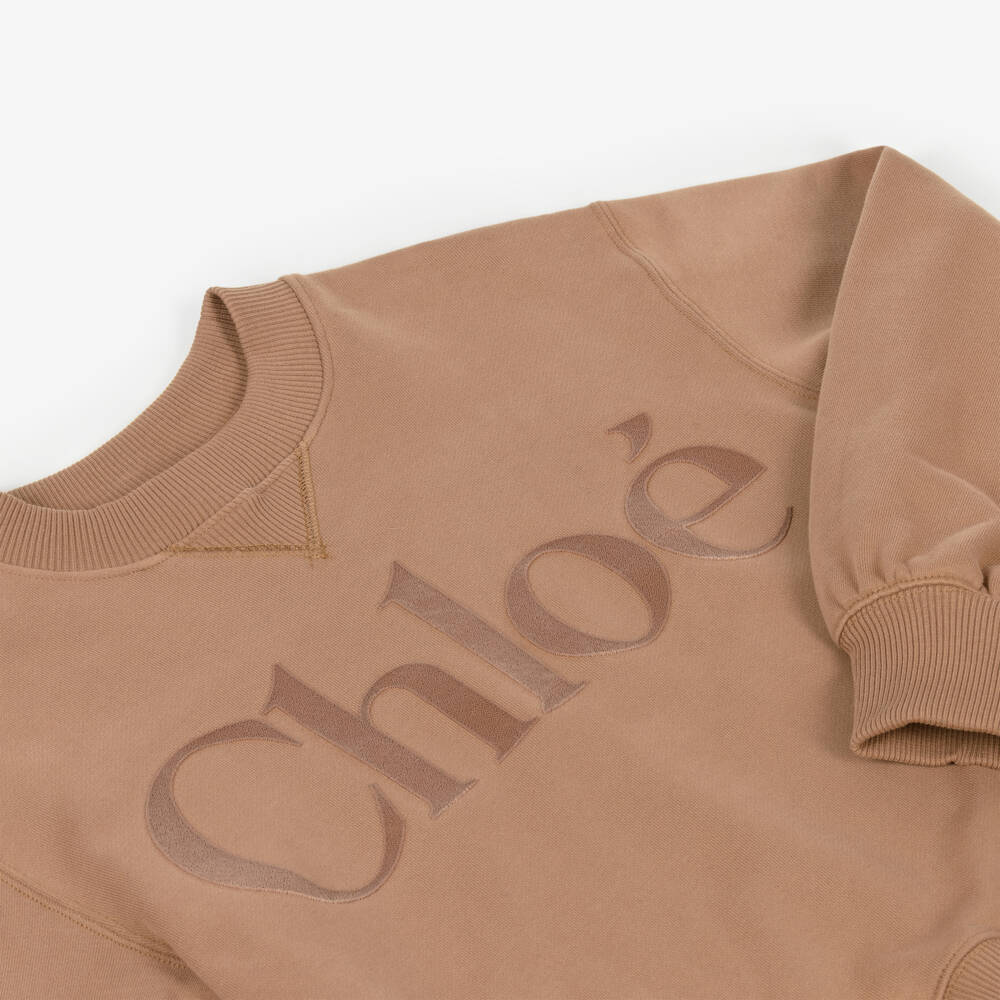 Chloé-Girls Brown Cotton Appliqué Logo Sweatshirt | Childrensalon