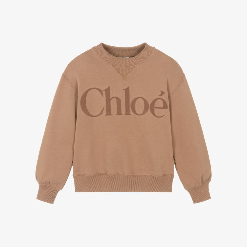 Chloé-Girls Brown Cotton Appliqué Logo Sweatshirt | Childrensalon