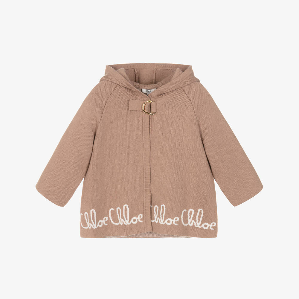 Chloé-Girls Brown Cotton Knit Hooded Jacket | Childrensalon