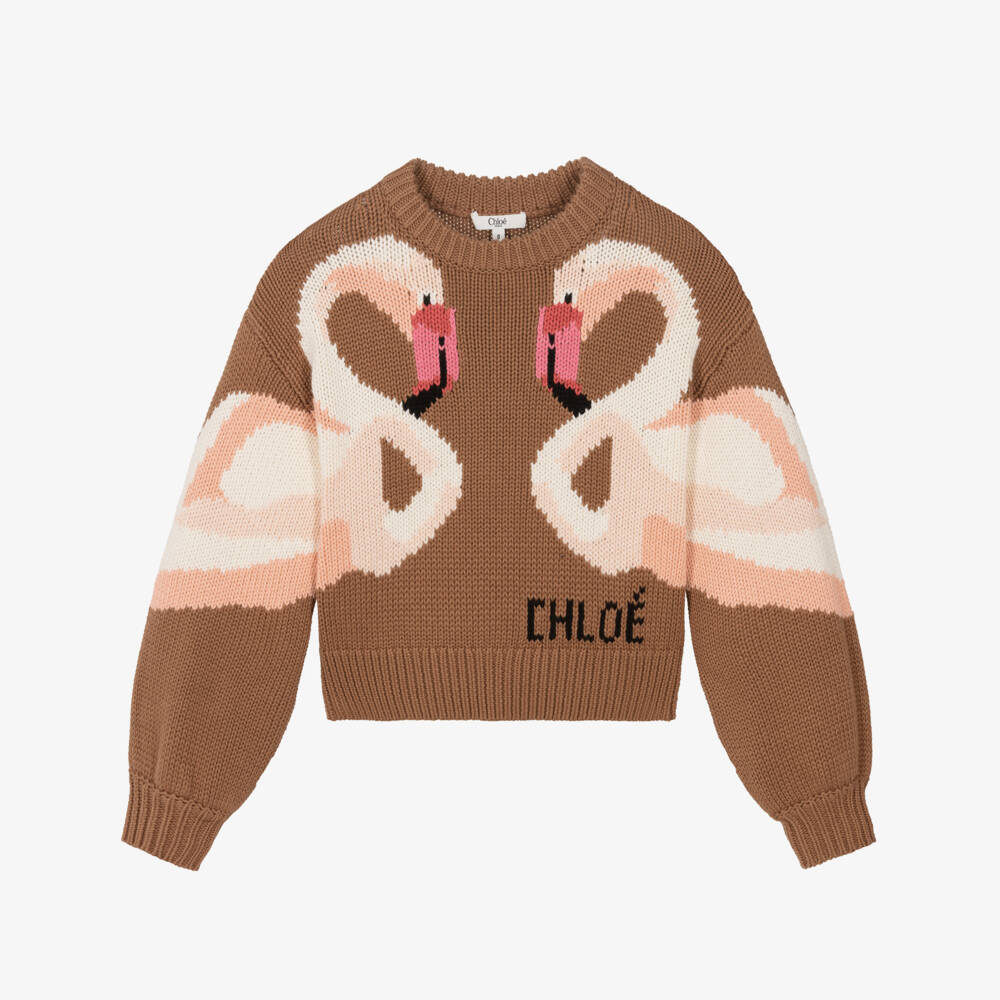 Chloé-Girls Brown Knitted Flamingo Sweater | Childrensalon