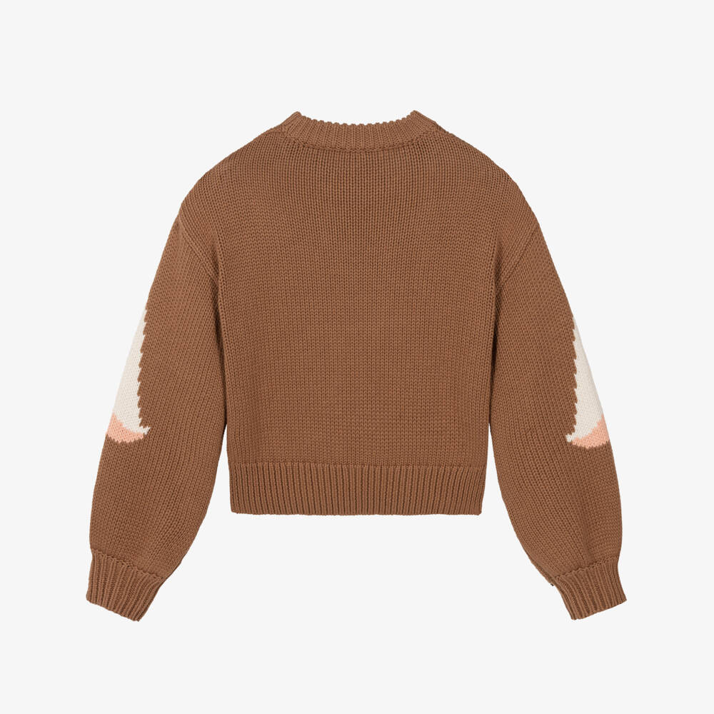 Chloé-Girls Brown Knitted Flamingo Sweater | Childrensalon