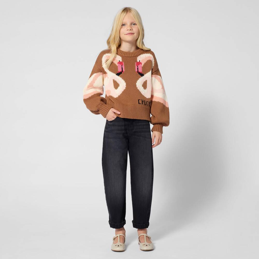 Chloé-Girls Brown Knitted Flamingo Sweater | Childrensalon