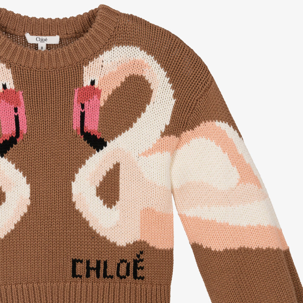 Chloé-Girls Brown Knitted Flamingo Sweater | Childrensalon