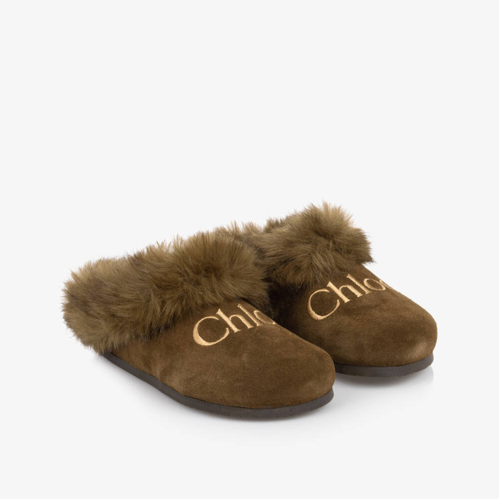 Chloé-Girls Brown Logo-Embroidered Leather Slippers | Childrensalon