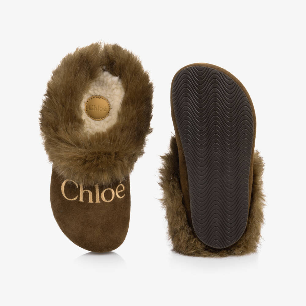 Chloé-Girls Brown Logo-Embroidered Leather Slippers | Childrensalon