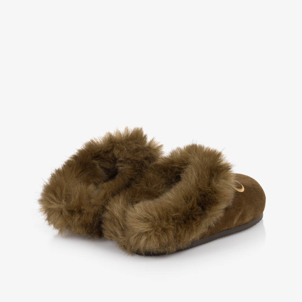 Chloé-Girls Brown Logo-Embroidered Leather Slippers | Childrensalon