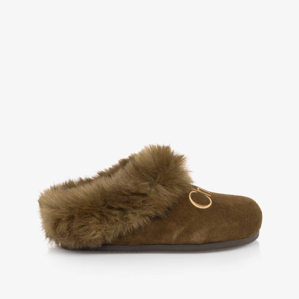 Chloé-Girls Brown Logo-Embroidered Leather Slippers | Childrensalon