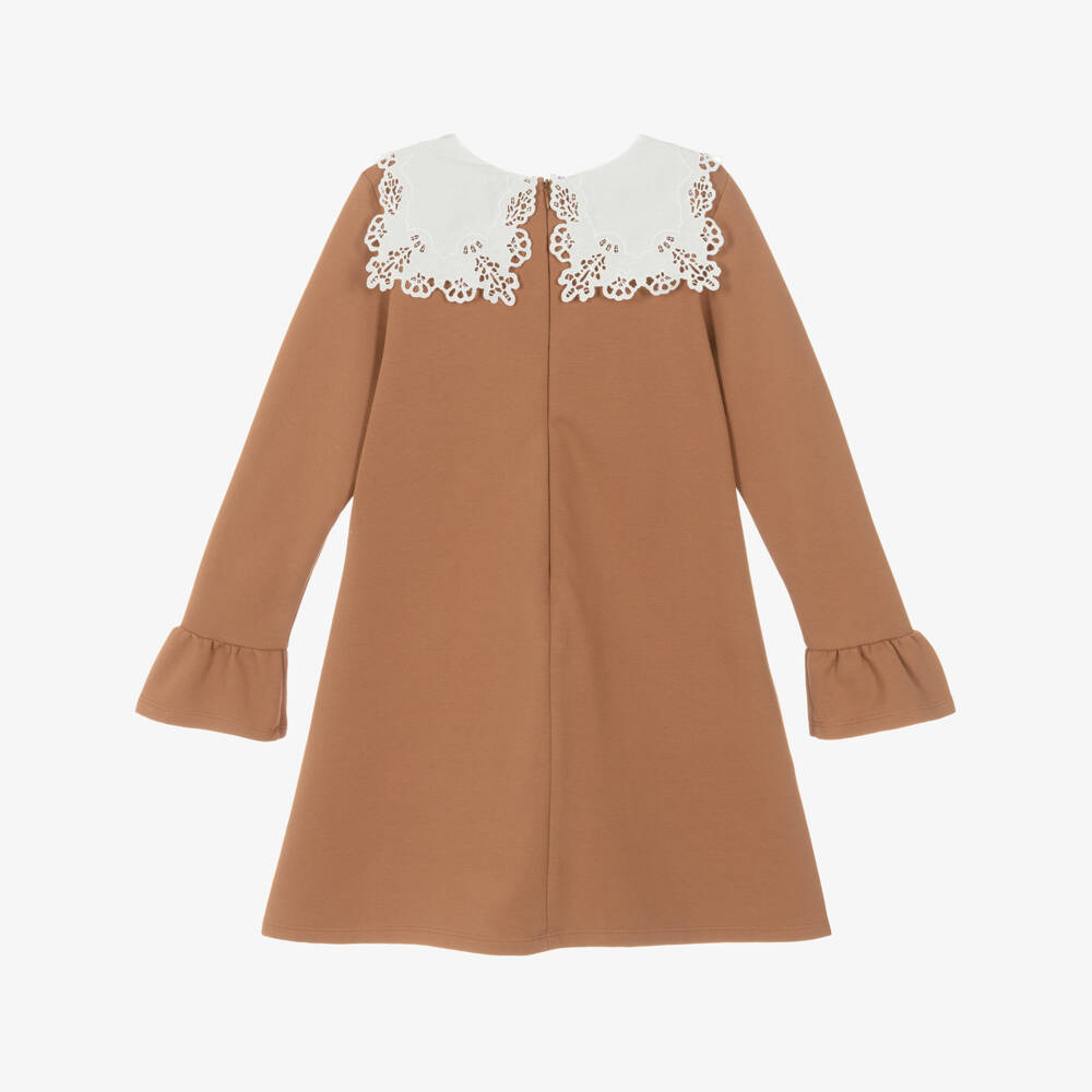 Chloé-Girls Brown Milano Jersey Dress with Broderie Collar | Childrensalon