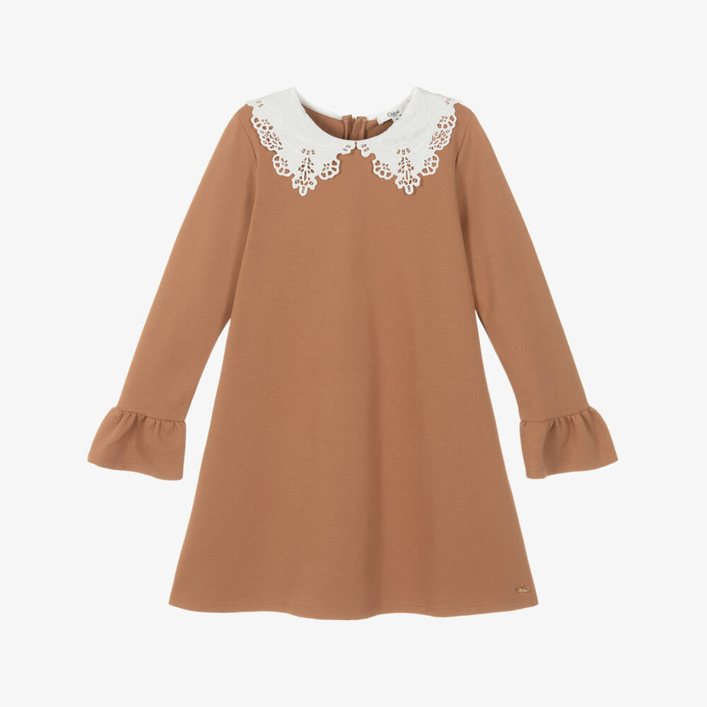 Chloé-Girls Brown Milano Jersey Dress with Broderie Collar | Childrensalon