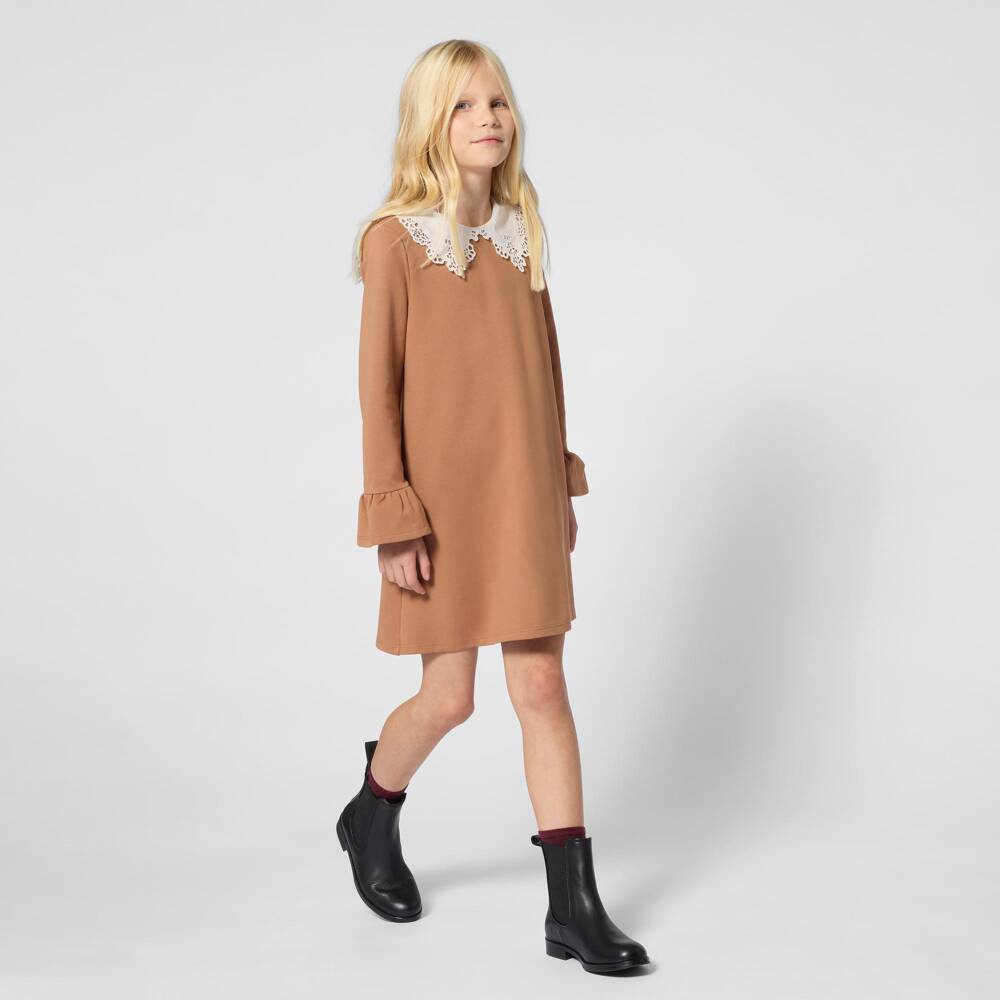 Chloé-Girls Brown Milano Jersey Dress with Broderie Collar | Childrensalon