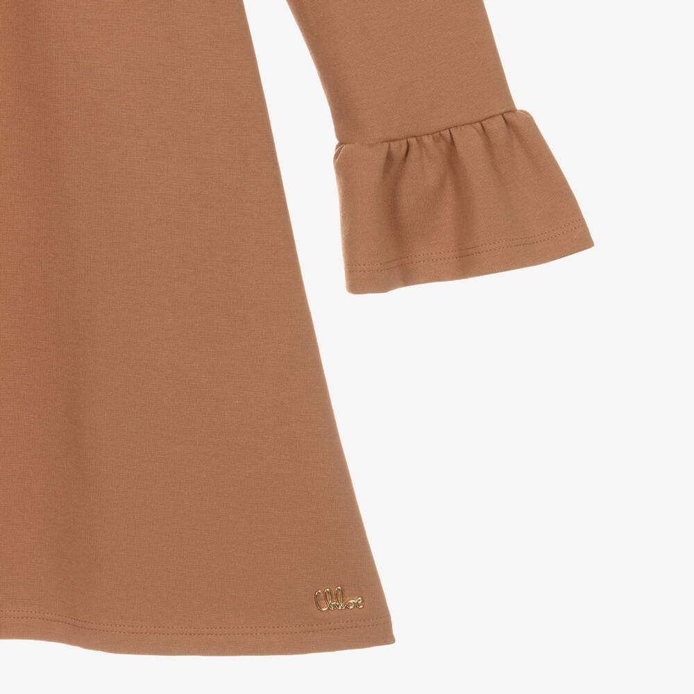 Chloé-Girls Brown Milano Jersey Dress with Broderie Collar | Childrensalon