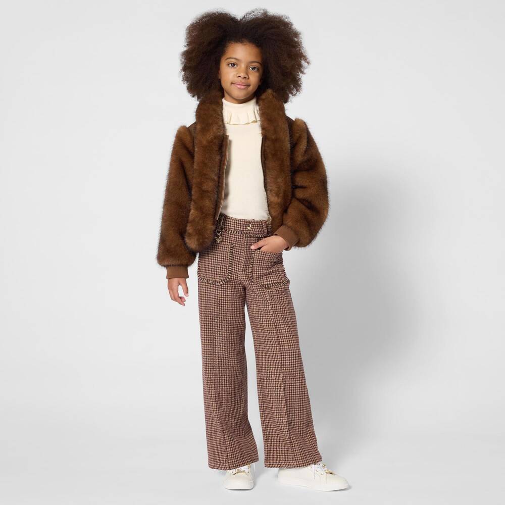 Chloé-Girls Brown Quilted Jacket with Faux Fur | Childrensalon